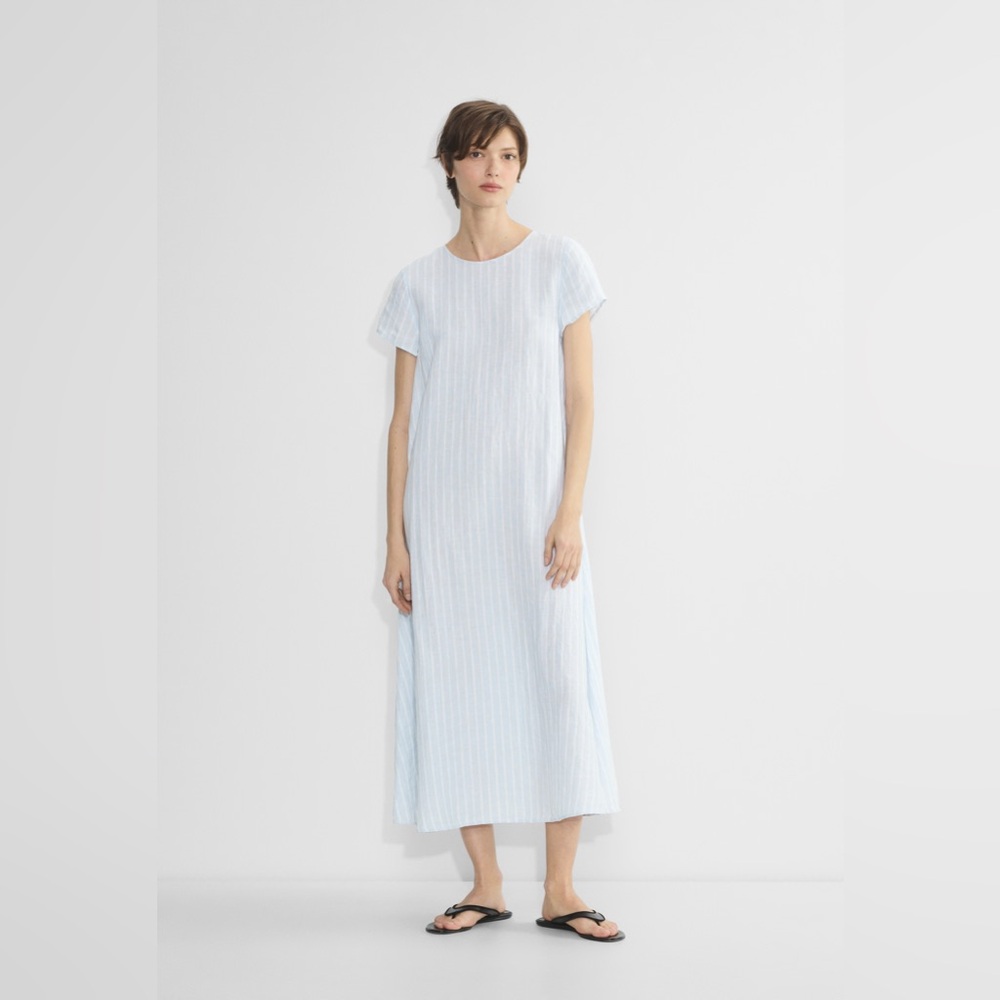Aritzia The Group Allay Linen Maxi T-Shirt Dress Powder Blue White Stripe sz S